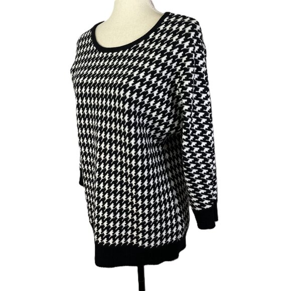 Carolyn Taylor Houndstooth Sweater Black White Crew Neck Dolman Sleeves Size M - Picture 2 of 13